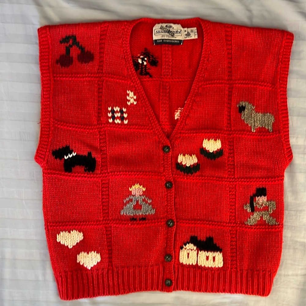 Vintage Susan Bristol Red Knit Wool Vest with Animal Motifs, Medium